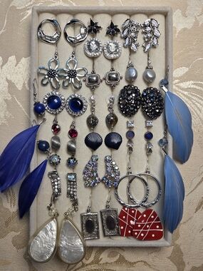Vintage - Modern 25 Pairs Silvertone, Blue, & Red Pierced Earrings Lot Bundle